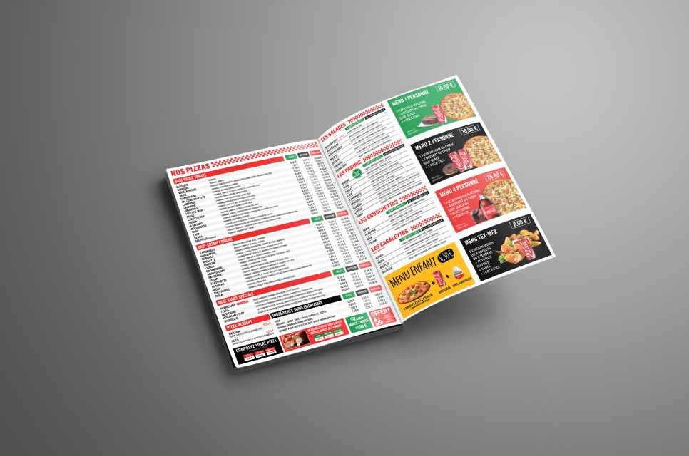 Impression d'un menu 4 pages pour une pizzeria dans l'Oise